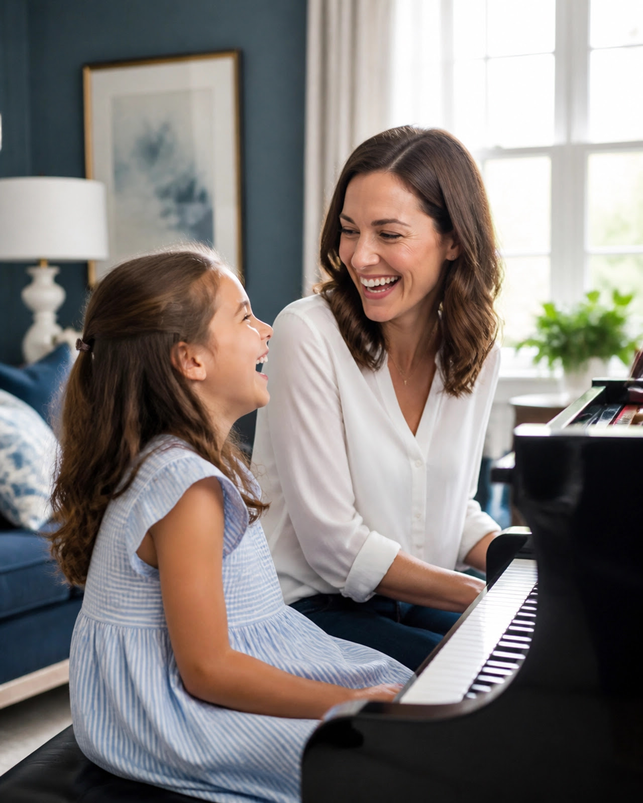A teacher and student laughing during a piano lesson, showing a supportive learning environment. A teacher and student laughing during a piano lesson, showing a supportive learning environment.