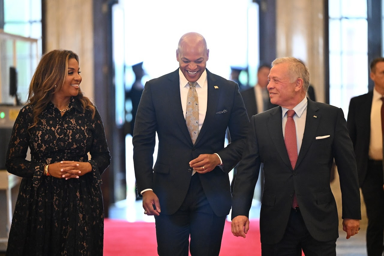 Governor Wes Moore, First Lady Dawn Moore, and His Majesty King Abdullah II of Jordan