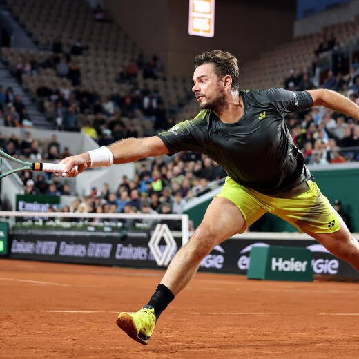 epa11378330 Stan Wawrinka of Switzerland in action during his Men's Singles 2nd round match against Pavel Kotov of Russia during the French Open Grand Slam tennis tournament at Roland Garros in Paris, France, 29 May 2024. EPA/CHRISTOPHE PETIT TESSON