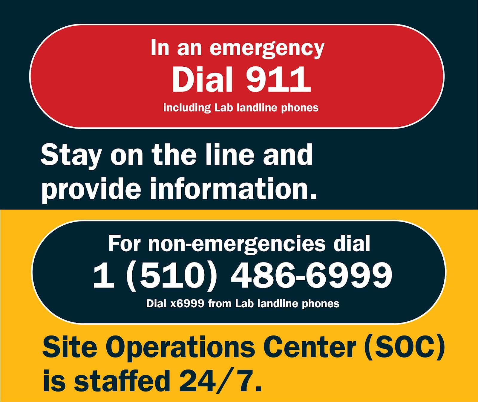 For a life-threatening emergency, call 9-1-1. For non-emergency situations,  call the Site Operations Center at 1-510-486-6999