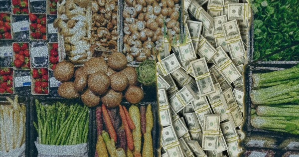a gritty image of a produce section with dollar bills mixed in, showing the intertwined financial and food focuses of Walmart and the Walton Family