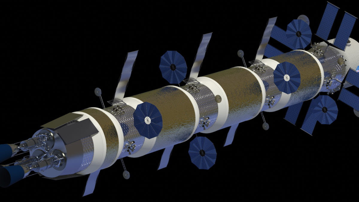 A rendering of a cylindrical space station with multiple solar panels and modules connected in sequence, set against a black background.