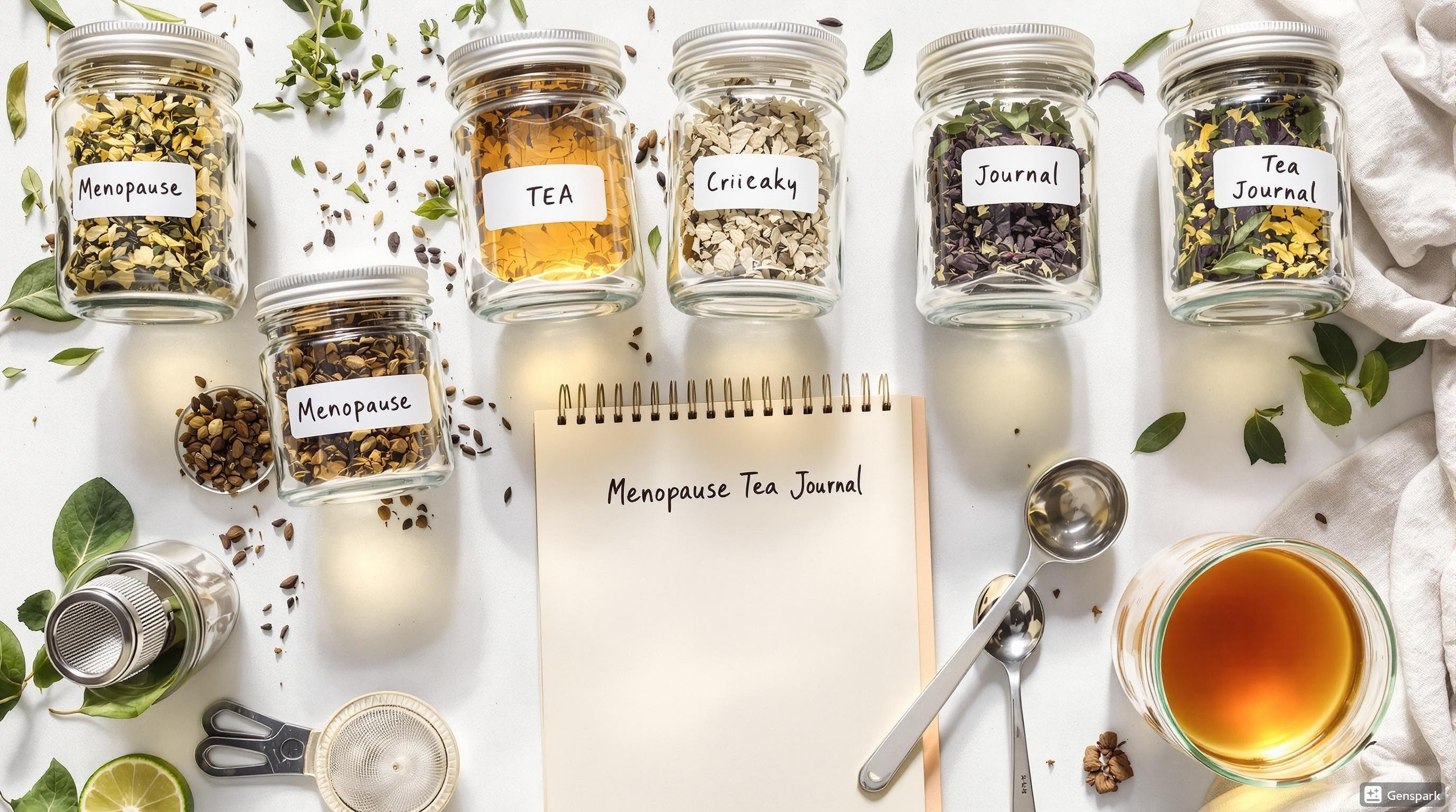 Various herbal teas in labeled glass jars with a tea journal