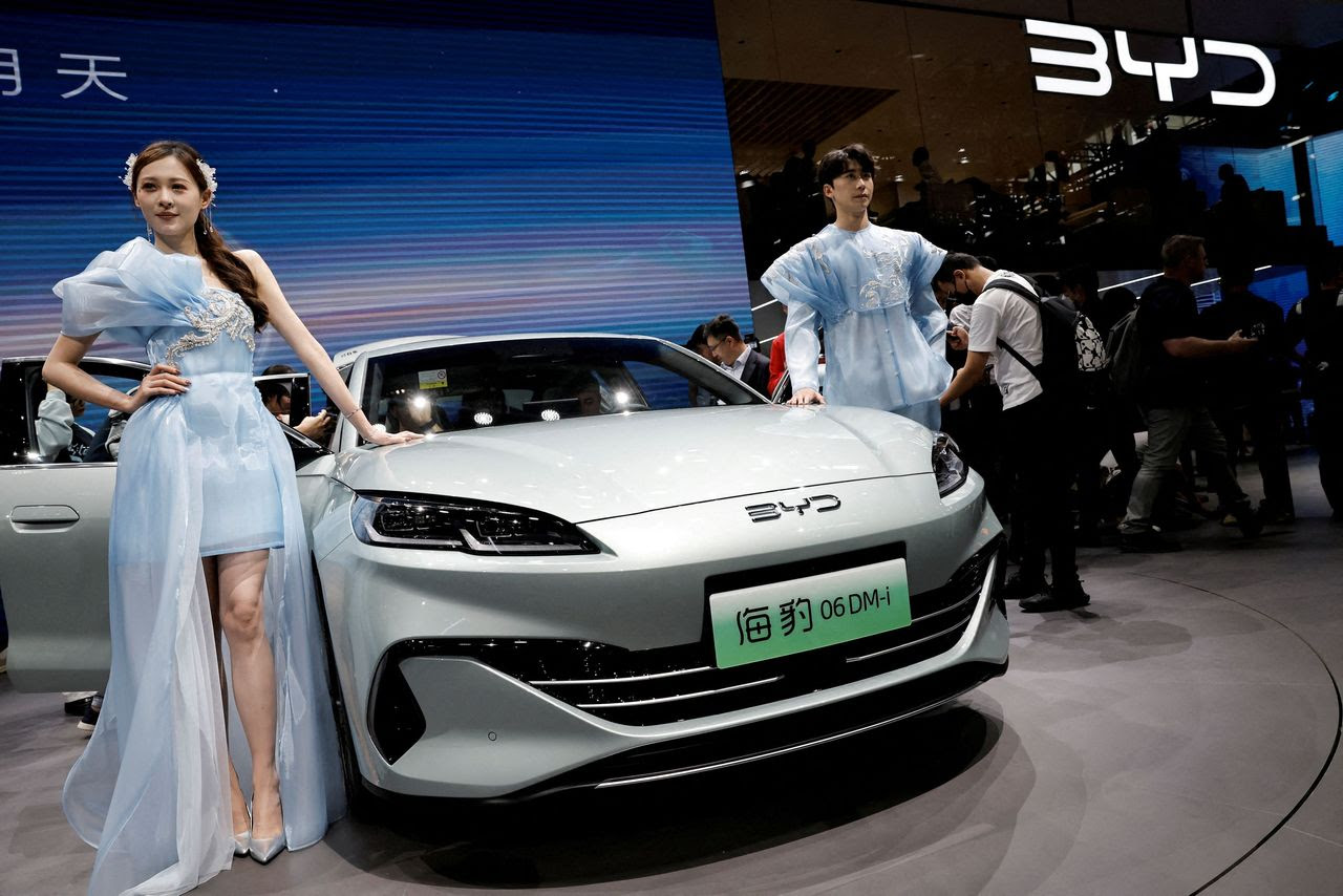 A BYD vehicle is displayed at Auto China in Beijing last week. (Tingshu Wang/Reuters)