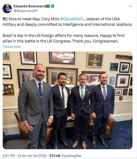 No X, Eduardo Bolsonaro escreveu “É um prazer conhecer o deputado Cory Mills”, em 14 de maio deste ano