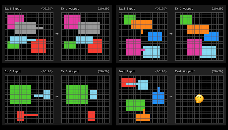 Several patterns of coloured squares on a black grid background.