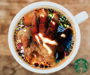 Photo-collage d'une main de travailleur au dessus d'une tasse de café.)