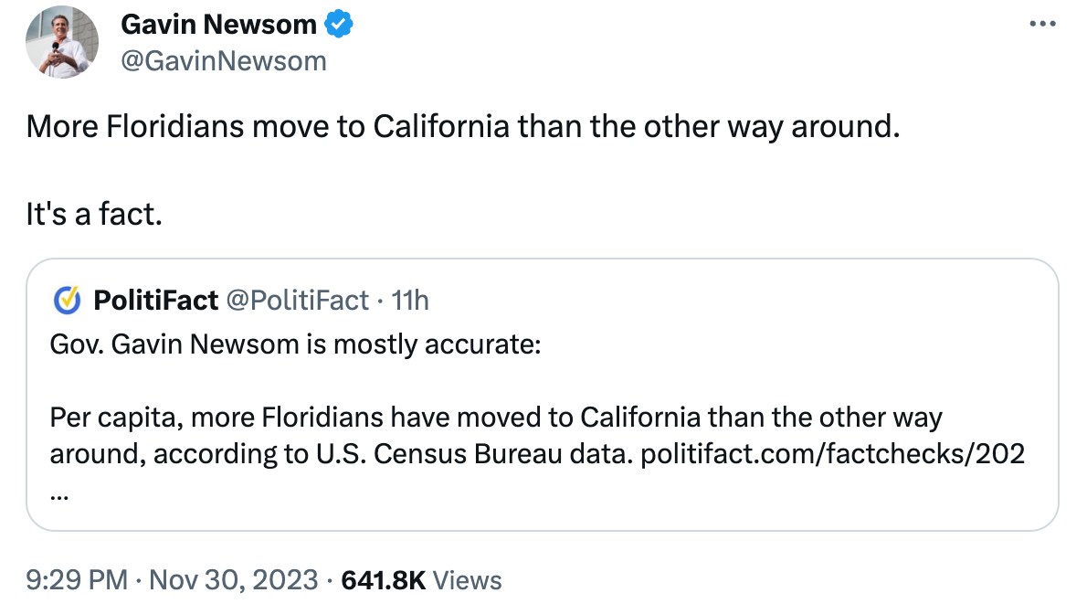 'More Floridians move to California than the other way around. It's a fact.'