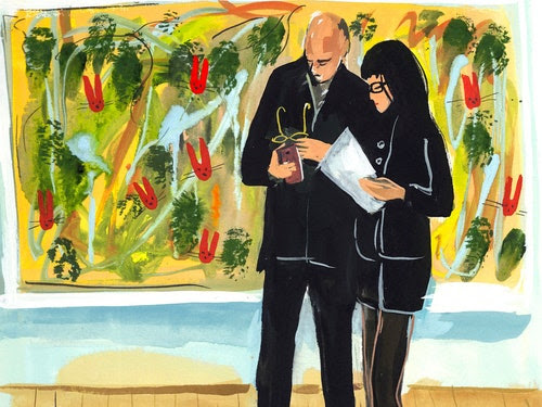 An illustration of two people in black standing in front of a large painting.