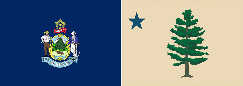 The current flag of Maine, a coat of arms on a blue backdrop, is depicted on the left. The proposed flag, a pine tree and a blue star on a tan backdrop, is on the right.