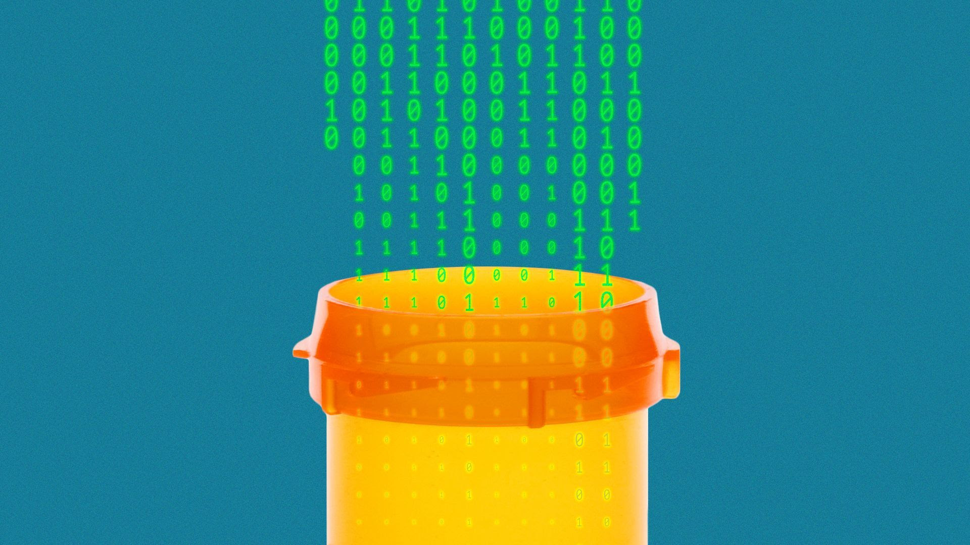 Illustration of binary code falling into a prescription pill bottle.