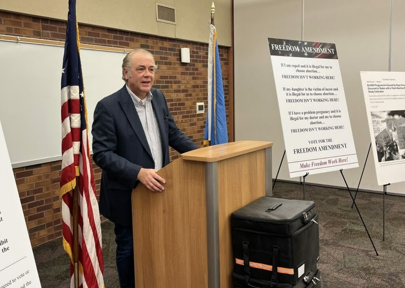 Rick Weiland, chairman of Dakotans for Health, turned in signatures for a petition aiming to restore the right to an abortion during the first trimester in South Dakota, where most abortions are banned. (Joshua Haiar/South Dakota Searchlight) 