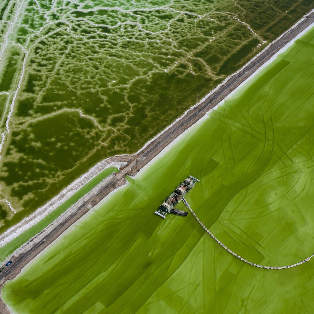 The view of a green lake with barges on top from above.