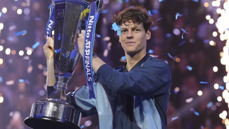 Italy's Jannik Sinner holds the trophy after winning the final match of the ATP World Tour Finals against Taylor Fritz of the United States at the Inalpi Arena, in Turin, Italy, Sunday, Nov. 17, 2024. (AP Photo/Antonio Calanni)