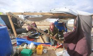 Una mujer prepara su refugio para protegerse de las tormentas invernales en Gaza.