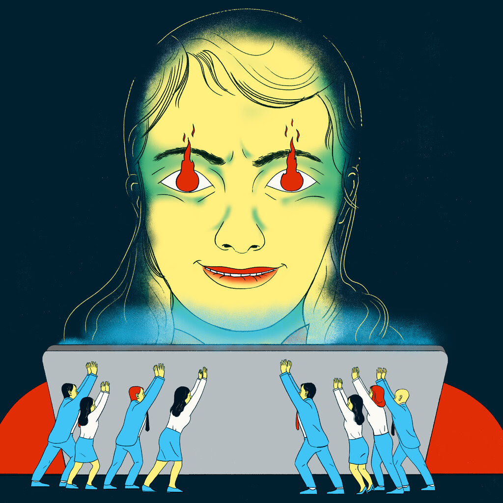 An illustration shows a woman, her eyes flickering with flames, gazing into a screen that is being propped up by eight tiny people in business attire.