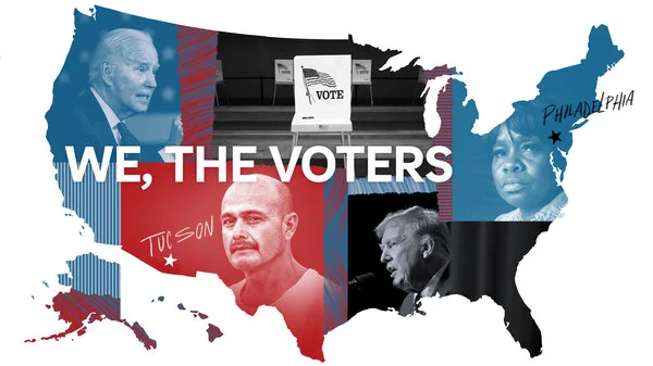 A collage depicts the presidential candidates and the faces of voters on a map of the U.S.