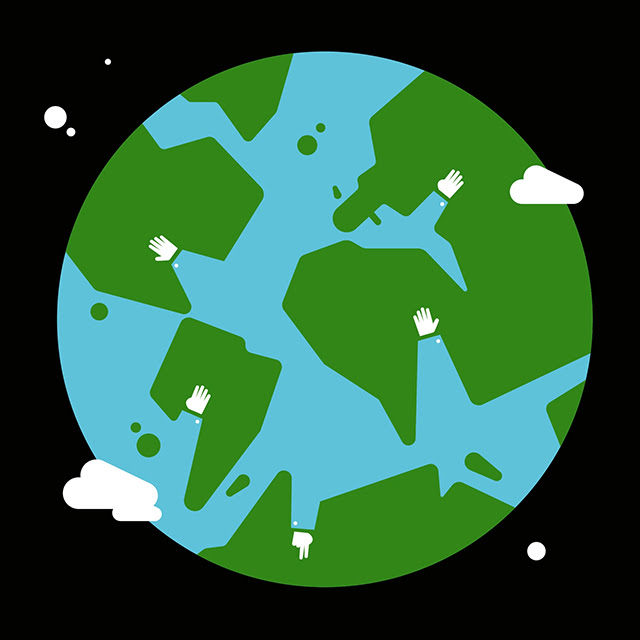 A stylized illustration of the Earth with five little white hands blending into the seas, holding up different numbers of fingers.