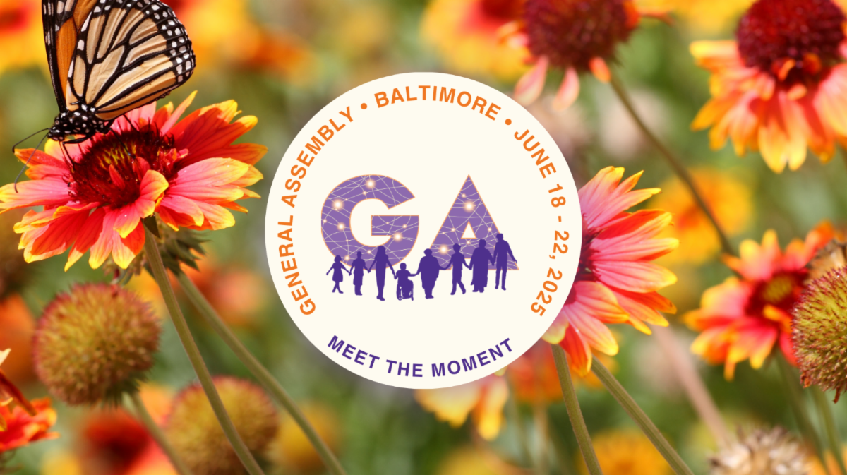 Alt text: A vibrant image of a monarch butterfly perched on a red and orange flower, with a blurred background of similar flowers. Overlaid on the right side is the General Assembly 2025 logo, featuring "GA" with a network design, silhouettes of diverse people holding hands, and the words "General Assembly • Baltimore • June 18-22, 2025" encircling the logo. Below, the theme "Meet the Moment" is displayed.