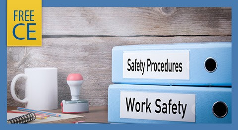 Two stacked blue binders, labeled Safety Procedures and Work Safety, sitting on table with coffee mug, stamp, and notebooks. Wood slate background. Yellow box at top left, Free CE.