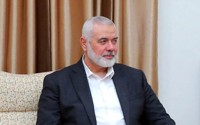 Ismail Haniyeh, the Qatar-based leader of Hamas, during a visit in Tehran, May 22, 2024. (Iranian Supreme Leader's Website / AFP)
