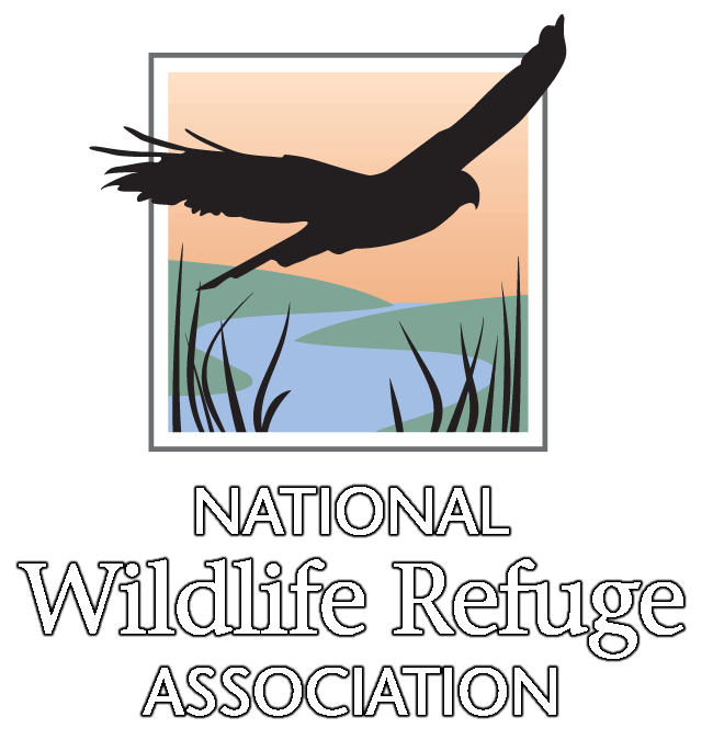 National Wildlife Refuge Association Logo stacked: features harrier silhouette river with riparian zone and grass overlooking a sunset