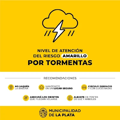 Póster de recomendaciones de seguridad y alerta amarilla por tormentas en La Plata