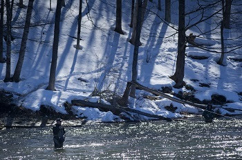 a man in winter waders, standing knee-deep in steel-blue water, casts a long line. Snow covers most of the riverbank and trees behind him.