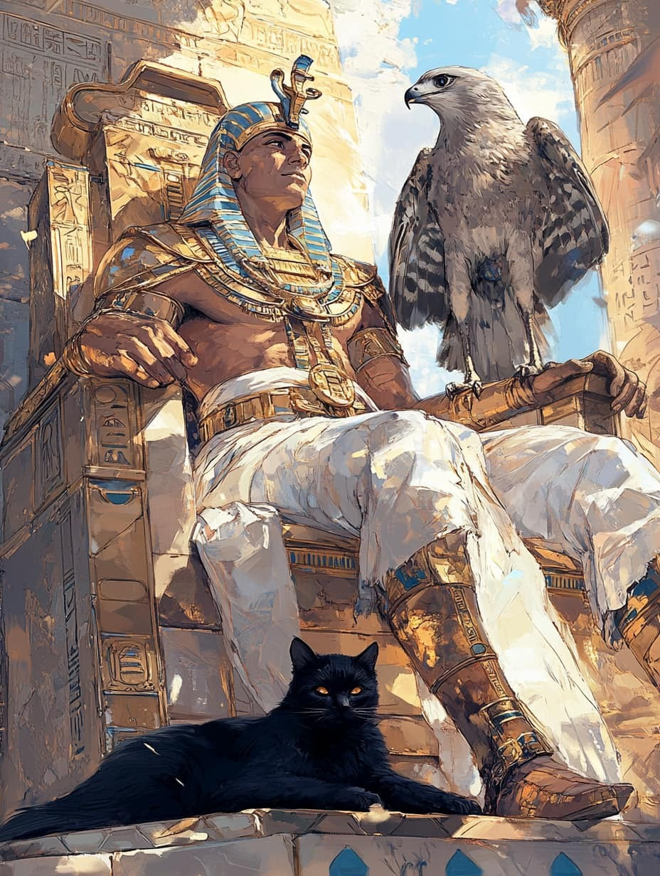 The Pharoah his falcon and his cat