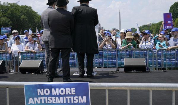 People attend the &quot;NO FEAR: Rally in Solidarity with the Jewish People&quot; event in Washington, Sunday, July 11, 2021, co-sponsored by the Alliance for Israel, Anti-Defamation League, American Jewish Committee, B&#x27;nai B&#x27;rith International and other organizations. The American Jewish Committee released a survey on Tuesday, Feb. 13, 2024, that found nearly two-thirds of American Jews feel less secure in the U.S. than they did a year ago. The group conducted the survey on antisemitism last fall just as the Israel-Hamas war began. (AP Photo/Susan Walsh, File)