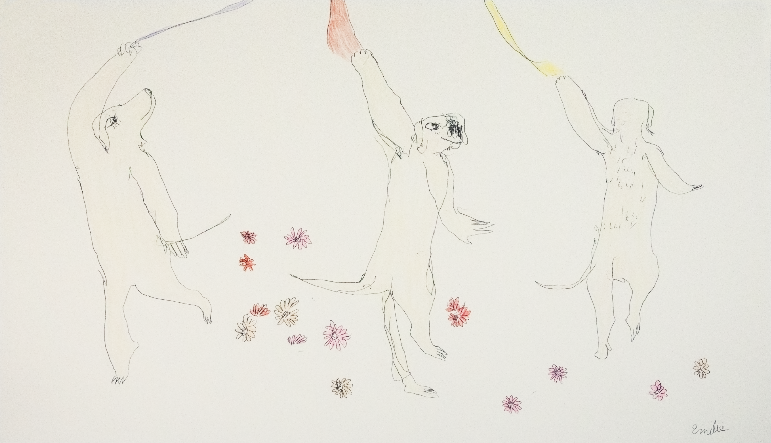 Emilie Gossiaux's Londons Dancing with Flowers is a drawing on white paper of Emilie's dog, London, dancing with other copies of her surrounded by colorful flowers.