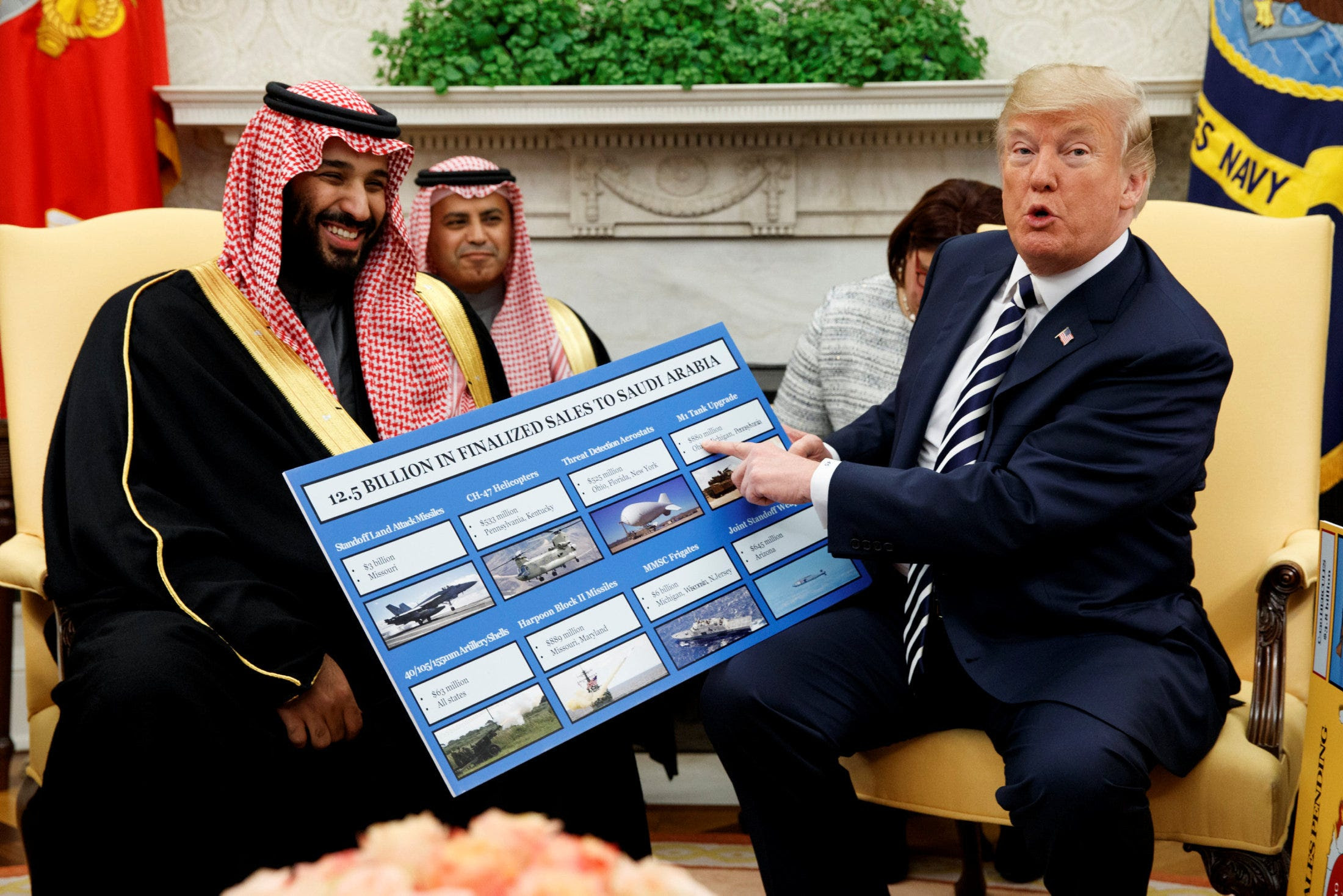 President Donald Trump shows a chart highlighting arms sales to Saudi Arabia during a meeting with Saudi Crown Prince Mohammed bin Salman, Washington, March 20, 2018.