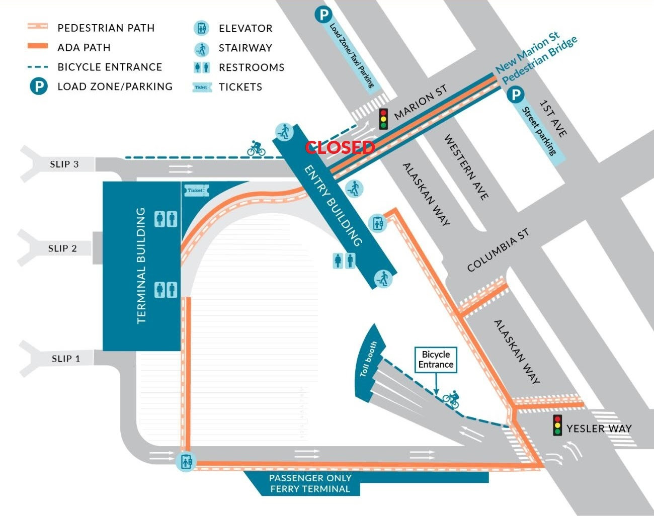 Map of Colman Dock in Seattle showing the Marion Street vehicle exit closed