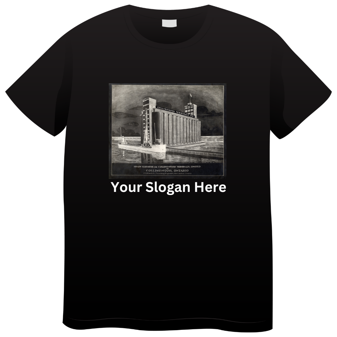 Image of T-shirt with picture of the Collingwood Grain Terminals. Text: Your Slogan Here