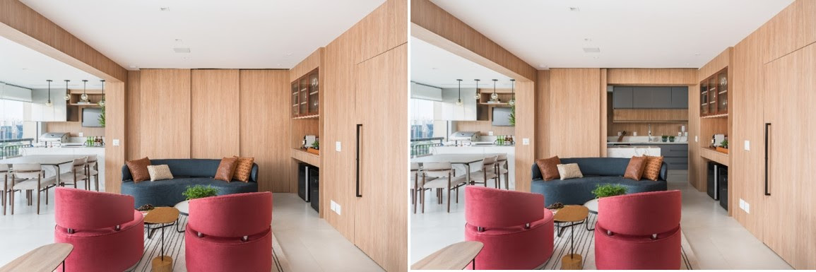 Para separar a cozinha do living integrado, uma porta de correr com três folhas de madeira foi inserida nesse projeto moderno, elegante e descontraído do escritório Spaço Interior. Dessa maneira, foi possível assegurar a privacidade, a decoração própria de cada cômodo e, ainda assim, manter a integração proposta pela arquiteta Ana Rozenblit | FOTO: Kadu Lopes