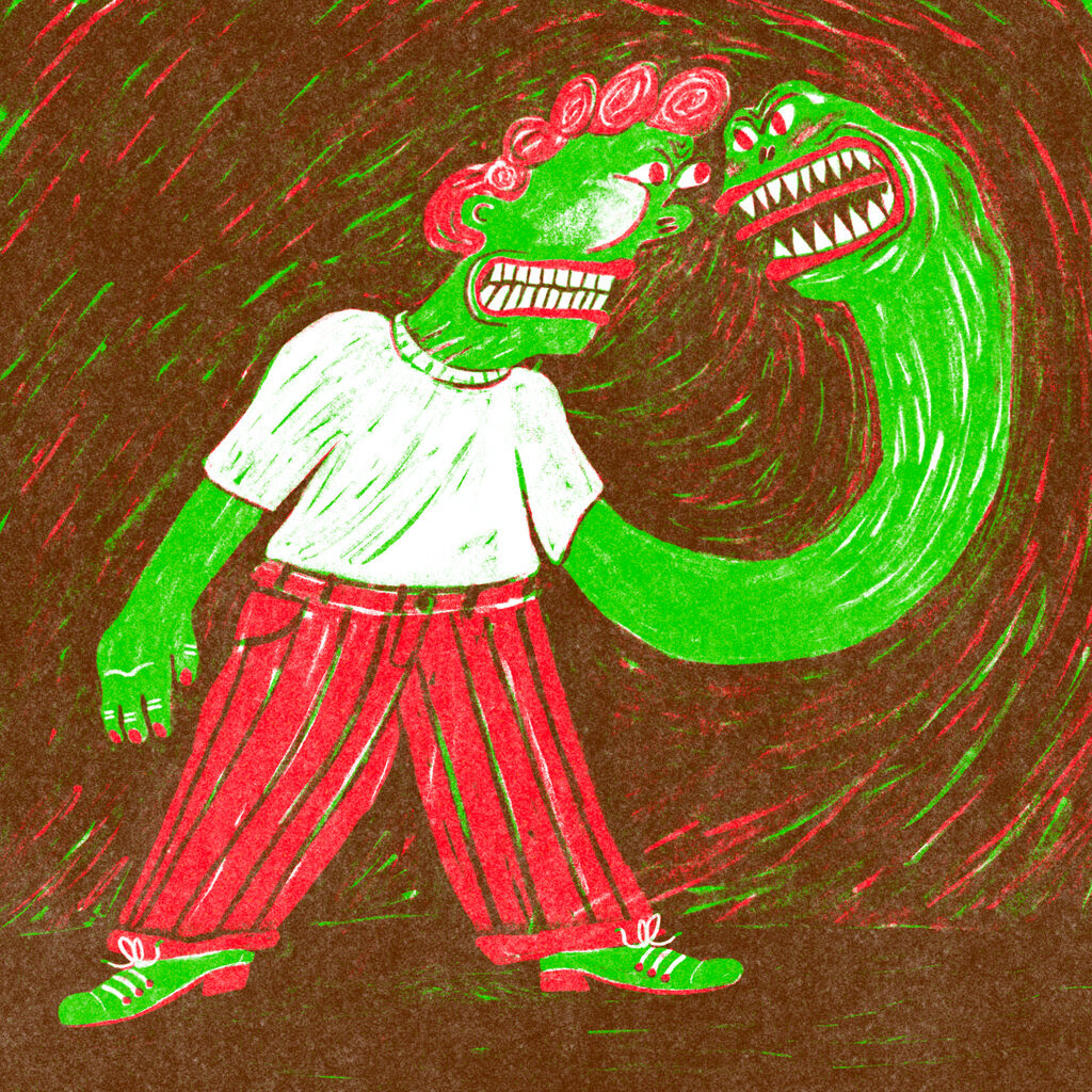 An illustration of a green-faced person whose arm is a green monster.