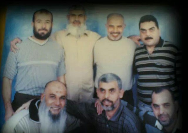 Sinwar in an Israeli prison (middle of bottom row). His prison pals include Samir Kuntar, (top left) a member of the PLF and Hizbullah.