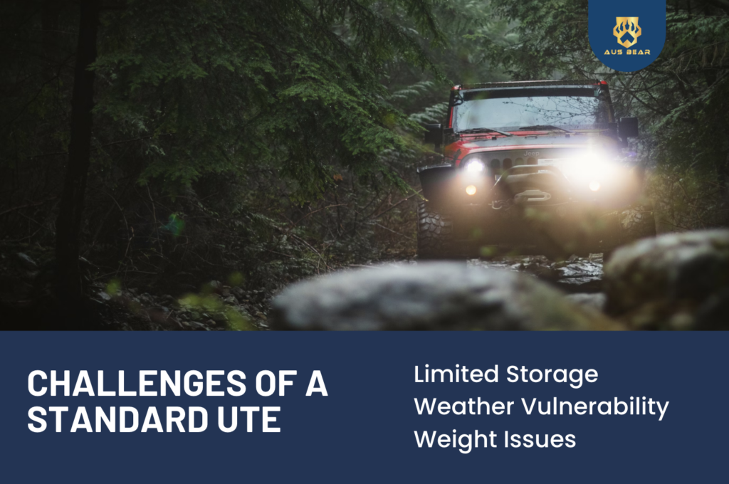 A rugged ute navigating through a forest, highlighting key challenges like limited storage, weather vulnerability, and weight issues.