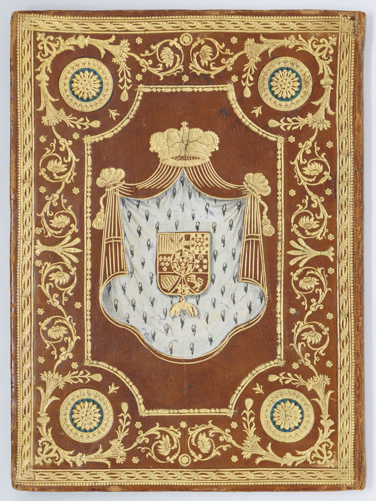 The binding of the funeral book of Henri IV of France, gilt to calf, with painted ermine mantling.