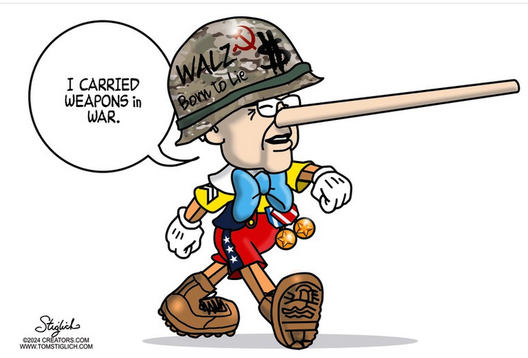 Editorial cartoon sowing Tim Walz as Pinicchio.