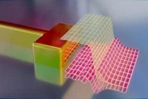 Artist's impression of an electrically contacted optical antenna (left) and the quantum mechanical distribution of its surface electrons. The normal distribution is shown in yellow, while the change induced by an applied voltage is shown in red.