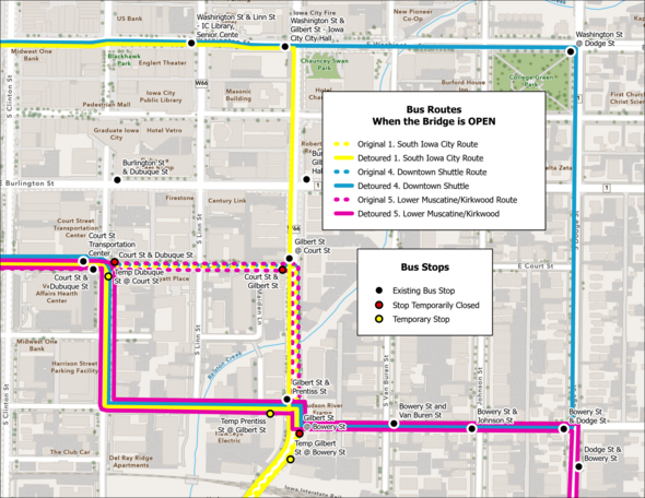 Gilbert Street Bridge Replacement transit detours while the bridge remains open.