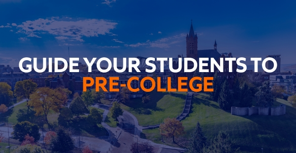 Aerial view of Syracuse University campus with "Guide your students to pre-college" in text over the image