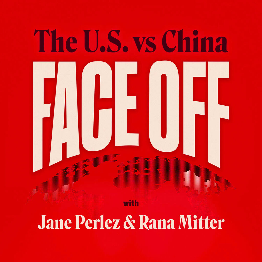 An illustration of the world map in red. The U.S. and China are show in light pink. Text above and below the map reads "The U.S. vs China: Face Off. With Jane Perlez and Rana Mitter"