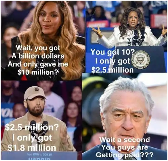 Meme of celebrities complaining about how little Kamela paid them.