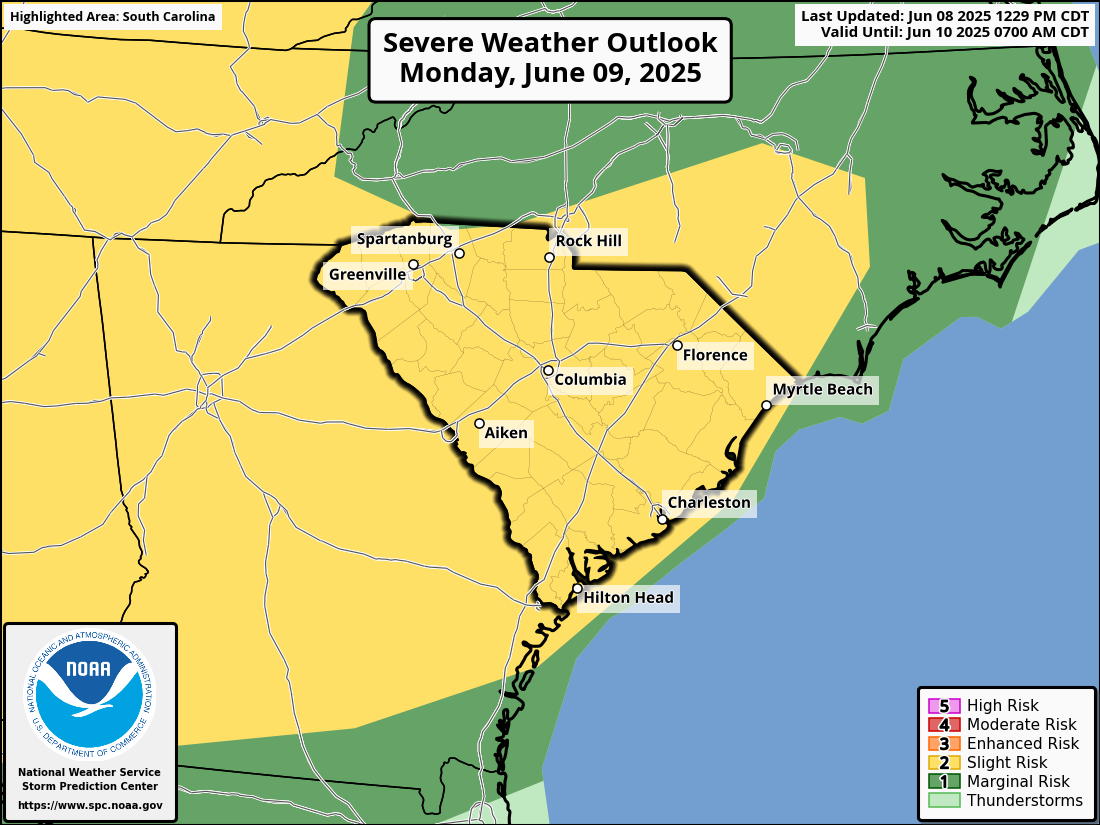 SPC's Day 2 Severe Weather Outlook for South Carolina, covering Monday and Monday night.
