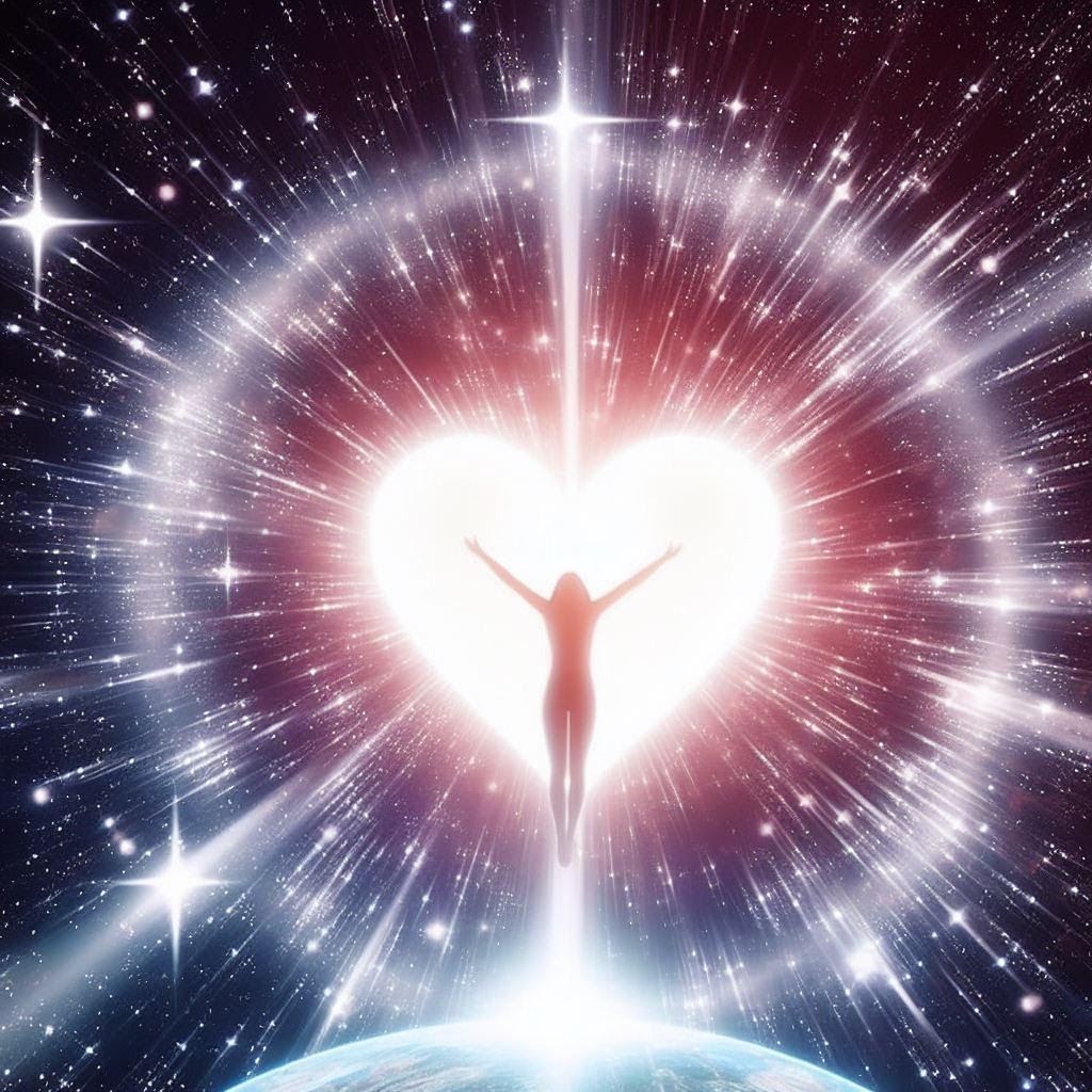 When I wish upon a star that everyone gets their wish, my heart explodes  with love across the universe. the image shows a light radiating outwards  from a divine entity filling the