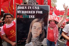 Lebanese anti-American protesters display a poster of peace activist Rachel Corrie during a demonstration near the U.S. Embassy in Aukar northeast of Beirut