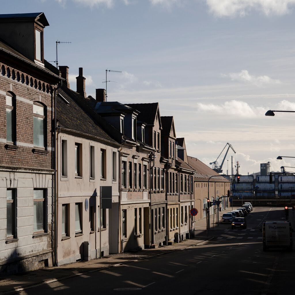 A row of houses on a quiet street in the Danish town of Kalundborg.