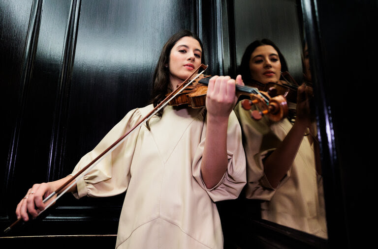 A young, beautiful woman with long dark hair plays the violin in a dark wood-paneled elevator. We see her reflection in a mirror inserted into one of the panels.